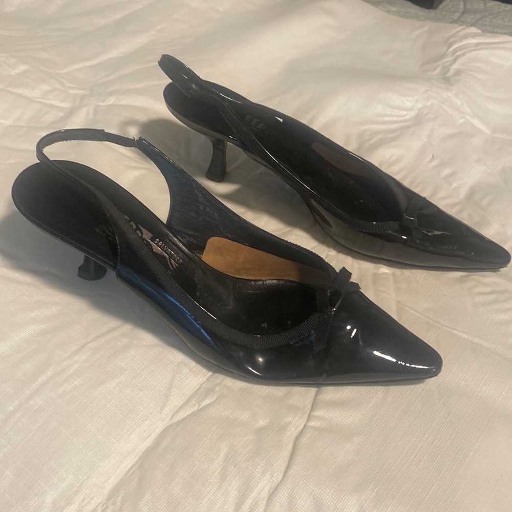 Salvatore Ferragamo Kitten Heal Slingbacks!  Black Patent Leather - Size 9